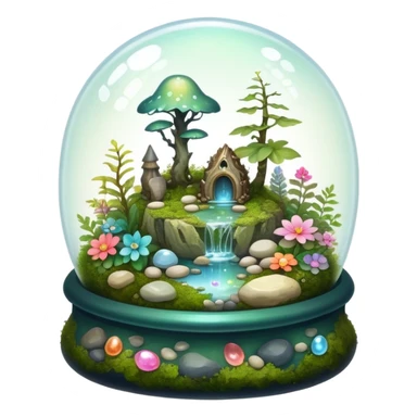 Sparkly shiny iridescent Mystical woodland glass-dome-terrarium-globe with moss inside, with marbles, with pebbles, crystals, with bones inside, and flowers inside  sticker