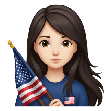 Girl with dar and long hair holding the America flag sticker