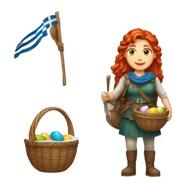 red hair female winter mountaineer offering Easter basket and Greek flag sticker