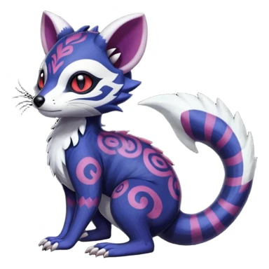 Rare warm-colored exotic gloomy tropical edgy cute epic aesthetic spooky indigo purple white black red gothic colorful Salandit-Furret-Espurr-Meowstic-Civet-species-Fakemon-hybrid-creature, with tribal tattoo markings, full body sticker