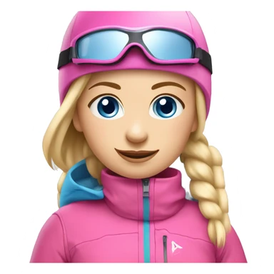 Skier girl with blonde hair in pony tail, blue eyes and pink gear show skis and legs  sticker
