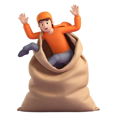 cartoonish bright colors man jumping inside of a sack, 3D style sticker