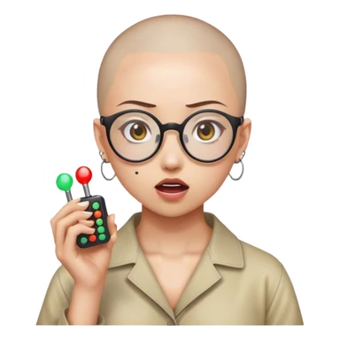 “Hey genmoji, create a half Japanese girlie with glasses holding buzzers and part of her head shaved. She has concepts of a psychotic break sticker