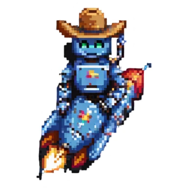 robot wearing a cowboy hat riding a rocket sticker