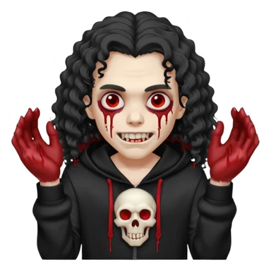 Vampire wearing a black hoodie with a skull logo on it, long curly hair that covers the forehead, fanged teeth and blood on hands sticker