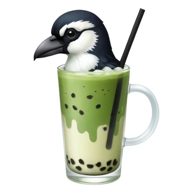  ONE Australien Magpie (just black and white feathers) sitting on an iced matcha latte on the edge of the glass. magpie has green matcha on its beak. matxha latte is in a see through glass and white from thr milk on the bottom and green without seeds on top… one straw & ice cubes sticker