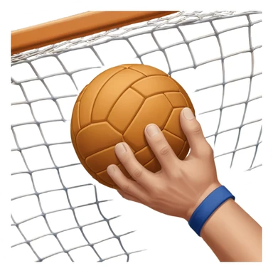 A close-up of a hand gripping a handball, with the handball gates visible in the background. The focus is on the texture of the ball and the strength of the grip, with the goal net slightly blurred to emphasize the anticipation of the throw. sticker