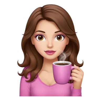 girl with long wavy brown hair, brown eyes, long lashes makeup, sexy pink lips, light to medium complexion, pink sexy top, with a hot coffee mug sticker