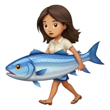 Confused Brunette Woman walking with huge fish sticker