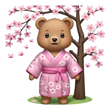 A cute light-brown bear wearing a pastel pink sakura-patterned kimono, normal balanced body ratio.  
Standing under a blooming sakura tree, looking up at falling pink petals with a soft amazed smile.  
Kawaii emoji style, minimalistic clean sticker illustration, simple scenic background. sticker