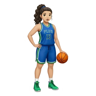 full body plus size light skin latino women basketball player with wavy dark hair in pony tail wide nose wearing blue uniform with green accent sticker