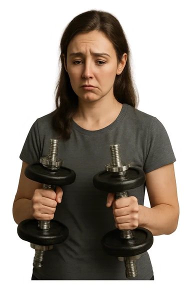 DONNA FITNESS CON MANUBRI DA PALESTRA IN MANO ED ESPRESSIONE TRISTE sticker