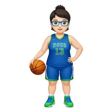 Full Body plus size white female basketball player with short dark hair with highlights spike hair wearing blue glasses  wearing blue green uniform  green sneakers smiling sticker