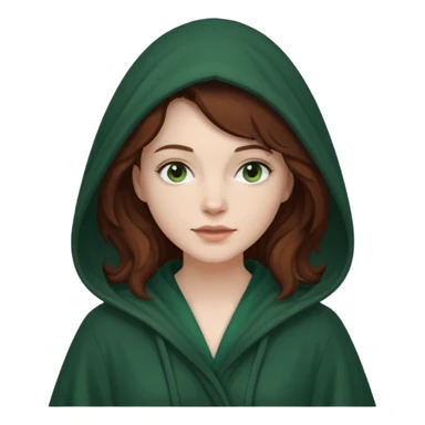 A white woman with dark auburn hair robed and hooded like she's a Traitor in the tv show The Traitors. her hair is slightly curly and the robe is a dark green sticker