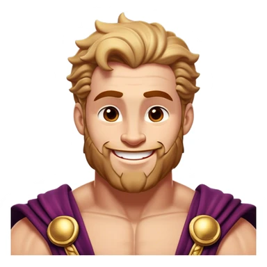 Cinematic Realistic Hercules Portrait, head tilted playfully and inquisitively, showcasing his formidable build softened by a warm, inviting smile. His eyes sparkle with a sense of mirth and determination, while his detailed attire and natural highlights capture the essence of a mighty hero with a friendly spirit. sticker