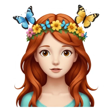 Woman with long flowing auburn hair wearing a flower crown with butterflies in it sticker