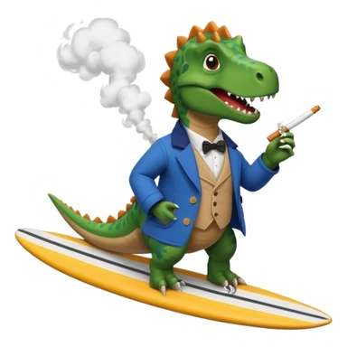 dinosual smokig a ciggerett while surfing wearing designer coat sticker
