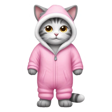 Grey and white cat wearing a pink snowsuit sticker
