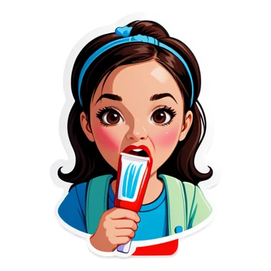 Girl with toothpaste on her lips. Whipping it off sticker