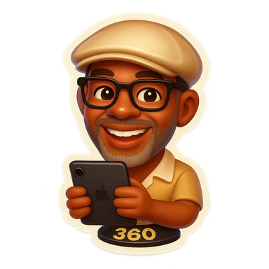 Create a rounded, expressive emoji of a man wearing a Kangol hat, glasses, and grey beard stubble. He is standing on a 360 booth holding an iPad as the camera. The style should be consistent with retro stickers emoji style. sticker