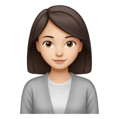 The girl has straight medium-length dqrk brown hair, light skin, wearing a white t-shirt and gray cardigan. Gentle smile, friendly neutral expression sticker