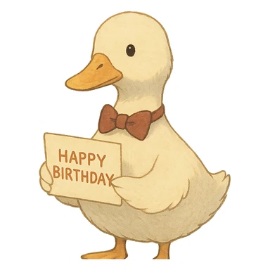 duck with bowtie holding birthday card, soft Ghibli style sticker