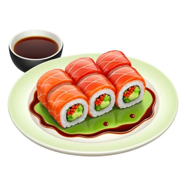 sushi roll on plate with green wasabi blob and small red chili sticker