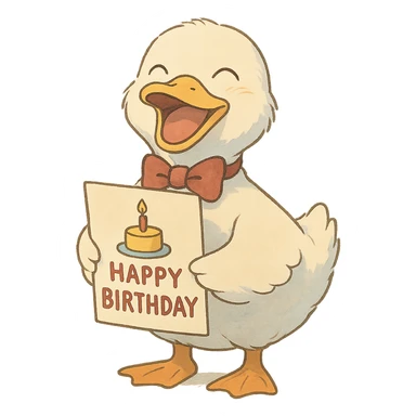 laughing duck with bowtie holding birthday card, flawless and visually perfect, no imperfections, soft Ghibli style sticker