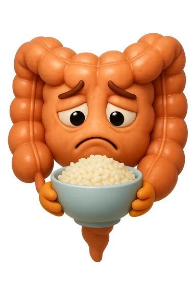 emoji stile iphone 3d di un intestino che guarda una bowl di riso che ha in mano con espressione triste, iperealistico 4k sticker