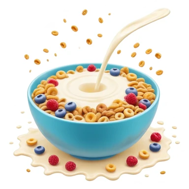 Cinematic crunchy cereal, vibrant and colorful, splashing into a bowl of cold milk, soft glowing background, dynamic movement, playful and inviting, nostalgic and fun. sticker