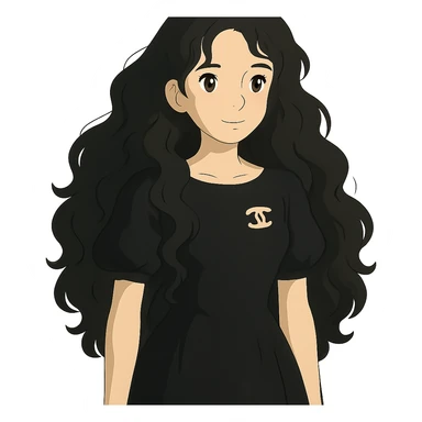 light skin girl with black very long curly hair, brown eyes, wearing a black Chanel dress, in ghibli style sticker