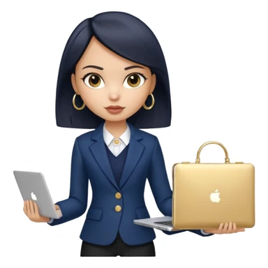 a pretty bratz girl with straight black short hair wearing a dark blue blazer and carrying a laptop. gold small hoops sticker