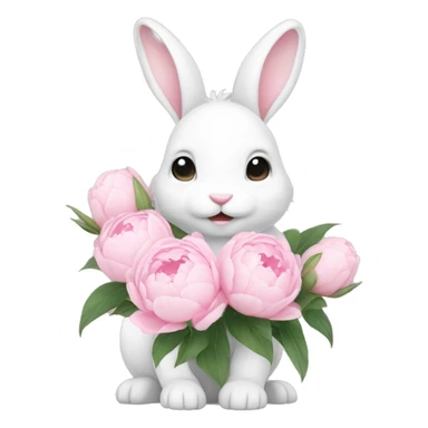 cute white bunny holding light pink peonies sticker