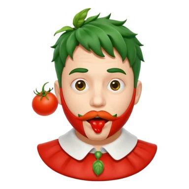 funny theater actor character who ate tomatoes, tomato sauce around mouth, dramatic expression, stage costume collar, 3D cartoon, mobile game icon style, clean background, no text, no watermark
 sticker