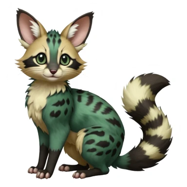 Dark-Green, black-pointed, soft natural realistic romantic vintage antique divine beautiful elegant pretty precious cute young youthful  Fakémon-Pokémon-opossum-feline-serval-caracal-chinchilla-Minccino-Cinccino-Meowstic-rodent-hybrid-creature with a big fluffy bushy tail (full body) sticker