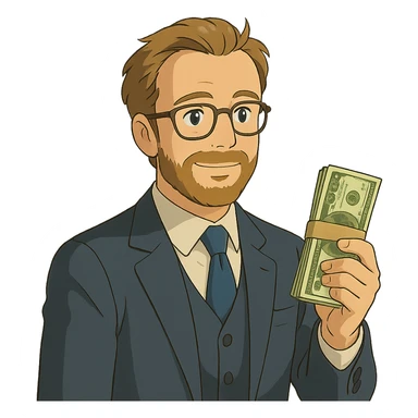 ghibli style illustration of Nikolai Astrup, Norwegian politician, holding a pack of money in his hand sticker