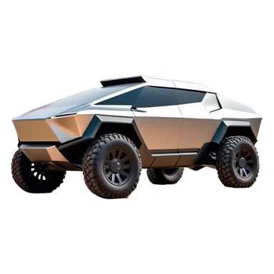 Tesla Cybertruck - A futuristic Tesla Cybertruck, angular and geometric with a sharp, triangular body shape. Stainless steel exoskeleton with a raw, unpainted, brushed-metal finish. A sleek, narrow LED light bar stretches across the entire front. Large, rugged off-road tires with exposed wheel arches. Smooth, handle-free doors and a slanted, armored rear with a retractable tonneau cover. Rear LED strip mirroring the front. The vehicle looks like a sci-fi-inspired, bulletproof stealth tank on wheels, set in a high-tech urban environment at sunset, with reflections on its metallic surface. sticker