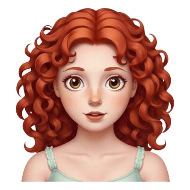 lady with Soft, round face, rosy cheeks, wide expressive eyes, wavy red hair, ringlets, Fair skin, freckles, sticker