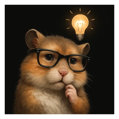 a mature, modern, semi-realistic hamster wearing cool glasses, thinking about an idea with a lightbulb above its head, on a solid black background, not overlapping with other elements sticker