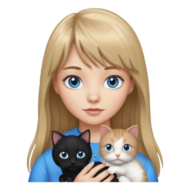 Apple-style emoji sticker of a young woman with long dark blond hair and bang, blue eyes , holding a black and white kitty sticker