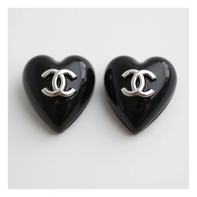 photorealistic heart-shaped Chanel earrings in black and white with a silver logo, elegant sticker