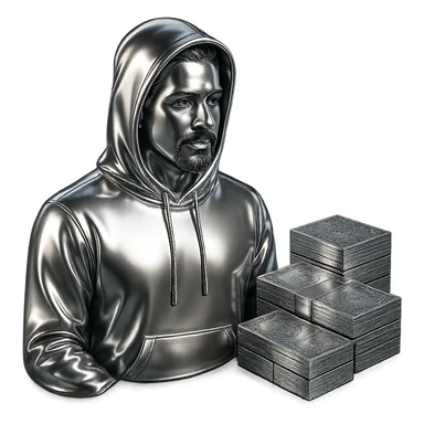Edit the Indian man to wear a hoodie with a chrome hood, keep his goatee, add money on the side, and make the AMG car chrome. Keep the background transparent. sticker