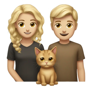 Dirty blonde boy and dirty blonde girl together with a brown cat sticker