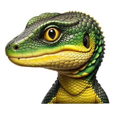 cinematic-realistic-cute-monitor-lizard-portrait-emoji,-head-tilted-playfully-and-inquisitively,-featuring-a-compact,-agile-body-with-finely-detailed,-glossy-scales-in-earthy-black and yellow-hues-and-a-distinct,-alert-face-with-bright,-curious-eyes, black , yellow spotted and green band  scales and a slender neck sticker