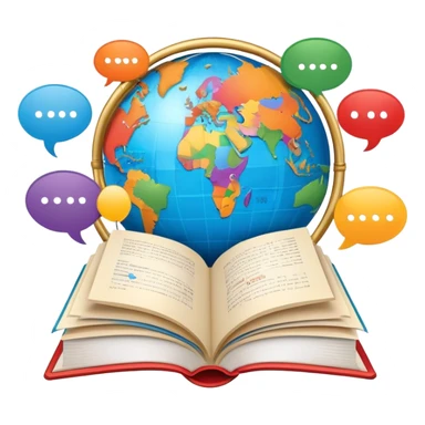 An icon showing a globe surrounded by speech bubbles with greetings in different languages, like 'Hello,' 'Hola,' and 'Bonjour.' The design includes an open book and a quill, symbolizing learning and communication. Transparent background emphasizes global connection through language. sticker