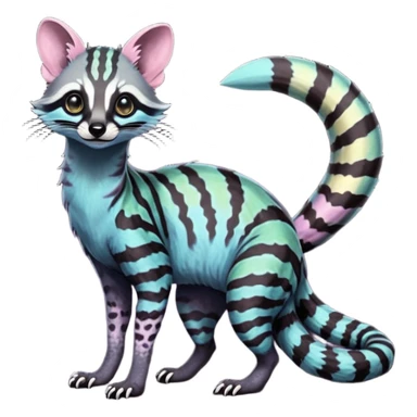 Feral Rare Fantasy iridescent scaly evil spooky vibrant dark shady shaded detailed deep pastel-gradients-colored colorful Genet-Trico-Civet-Cacomistle-Margay-species by LiLaiRa, with dark-blackish points, white belly, random markings, tufted tail, tufted ears, full body sticker