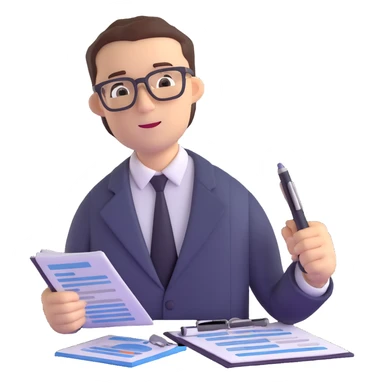 male accountant with financial reports, pen and glasses sticker