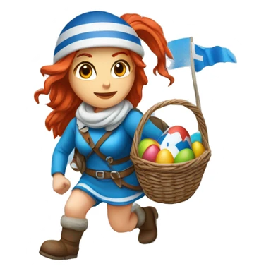 Greek Female winter mountaineer red hair white skin climbing with Greek Flag and Easter eggs basket sticker