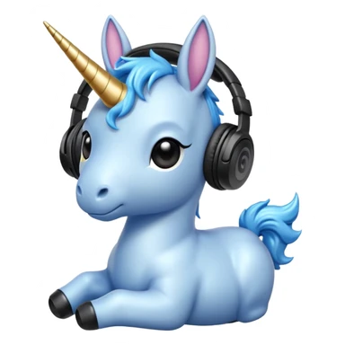 Unicornio bebé azul sentado escuchando música con auriculares negros sticker
