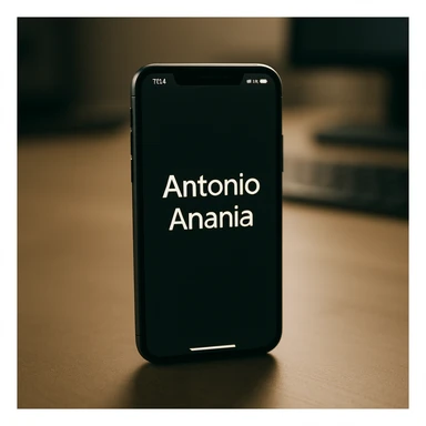 A photo of an iPhone with the message "Antonio Anania" on its screen, The phone sits atop a desk with a blurred background that suggests work environment. A faint glow from above casts gentle shadows across the surface of each object, creating depth and highlighting their textures. sticker
